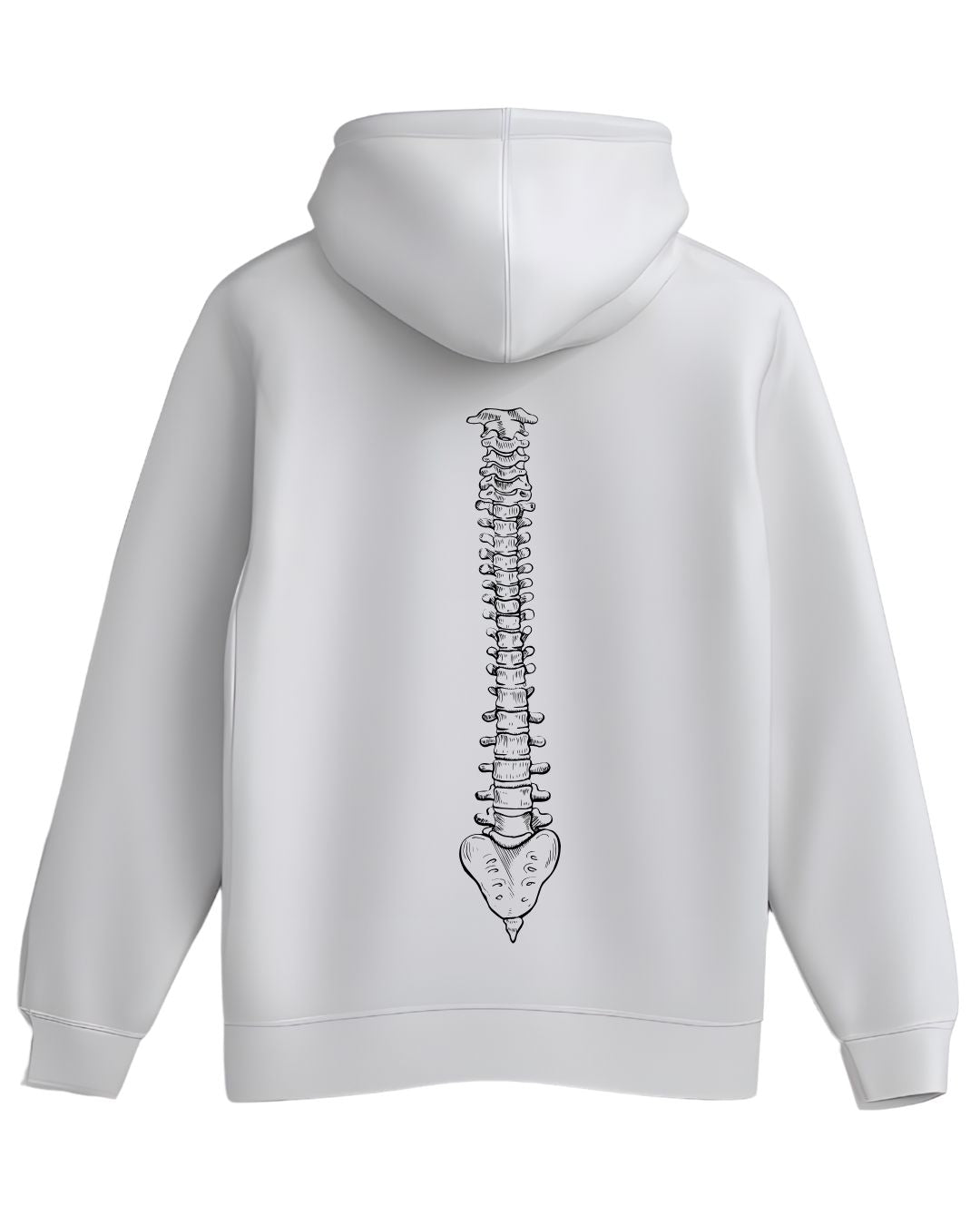 Weißer Hoodie mit anatomischer Wirbelsäule am Rücken