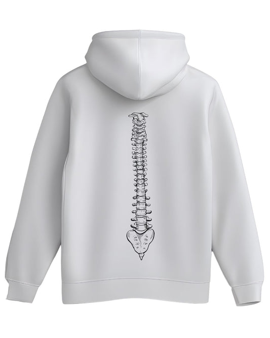 Weißer Hoodie mit anatomischer Wirbelsäule am Rücken