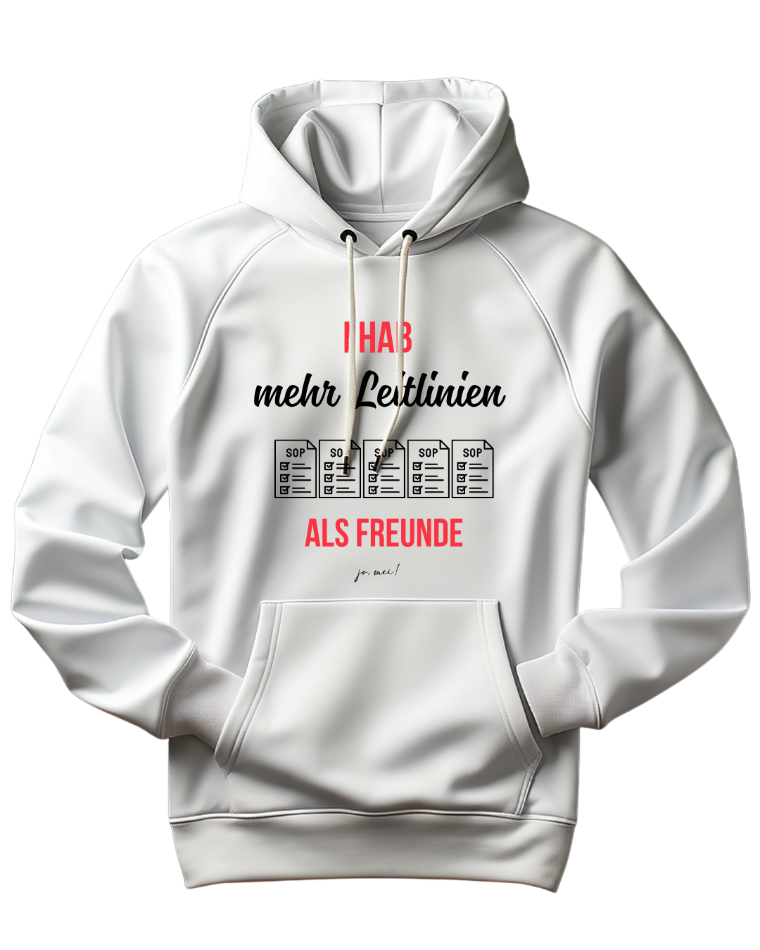 weißer Kapuzenpullover mit rotem und schwarzem Textaufdruck "Ich hab mehr Leitlinien als Freunde" und fünf SOP-Dokumenten als Grafik - Medizinstudenten Humor