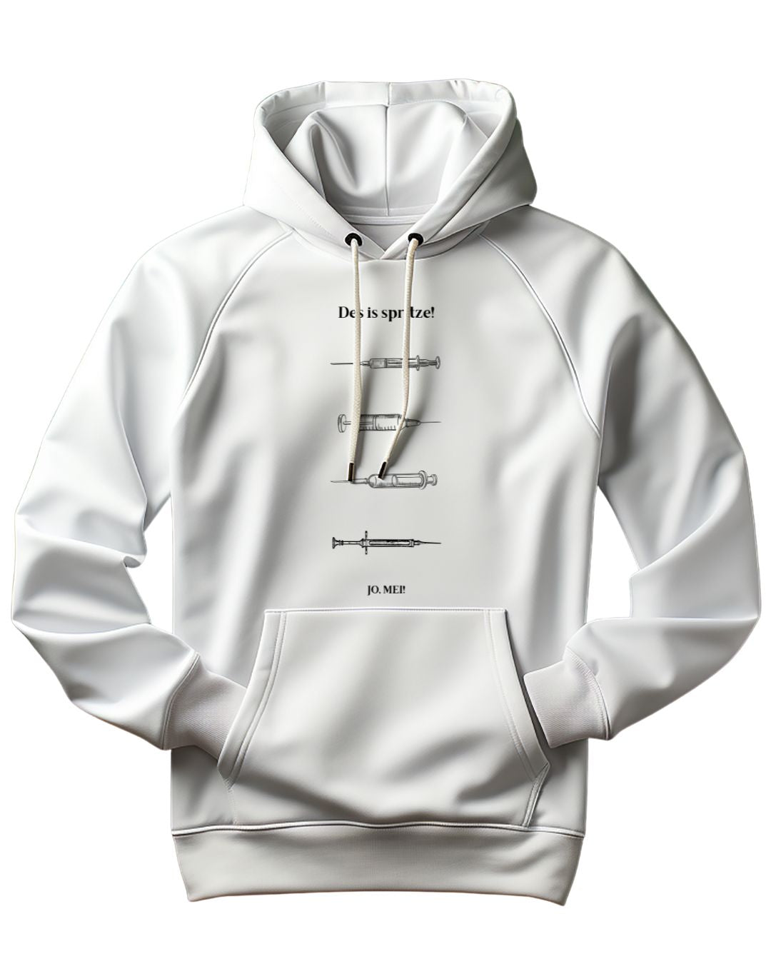 weißer Kapuzenpullover mit "Des is spritze!" und vier verschiedenen Spritzen-Illustrationen - Wiener Dialekt Mediziner Humor
