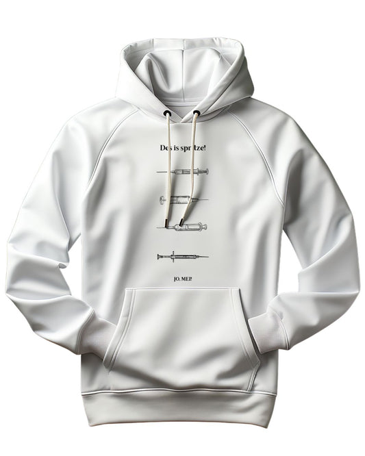 weißer Kapuzenpullover mit "Des is spritze!" und vier verschiedenen Spritzen-Illustrationen - Wiener Dialekt Mediziner Humor