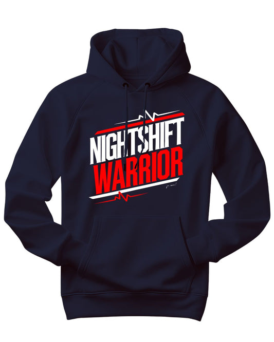 Marineblauer Kapuzenpullover mit weiß-rotem Textaufdruck "Nightshift warrior" EKG Linien ober- und unterhalb