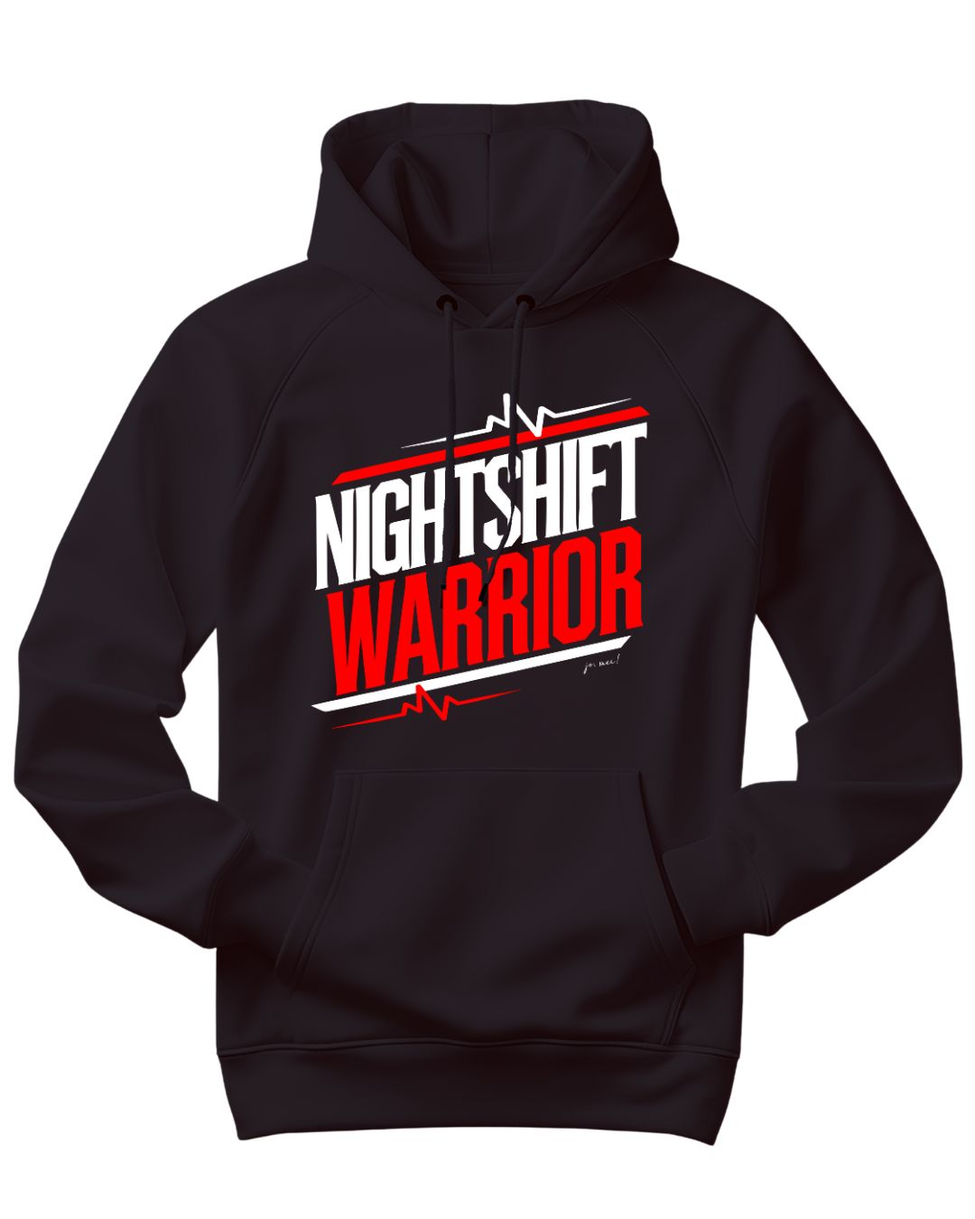 schwarzer Kapuzenpullover mit weiß-rotem Textaufdruck "Nightshift warrior" EKG Linien ober- und unterhalb