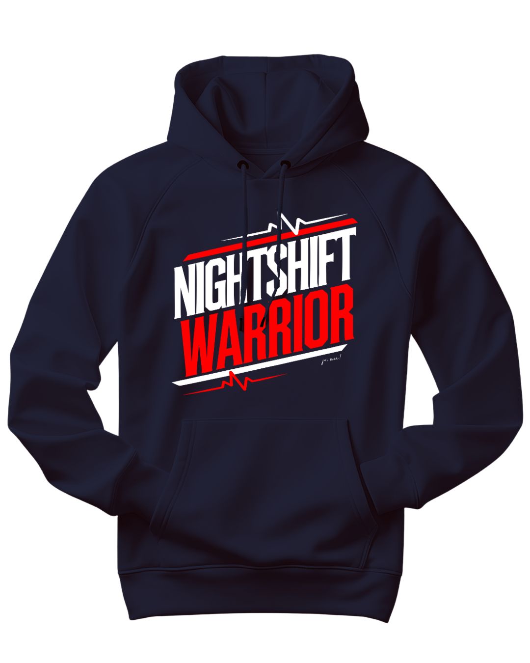 marineblauer Unisex Kapuzenpulli mit weiß-rotem Textaufdruck "Nightshift warrior" EKG Linien ober- und unterhalb