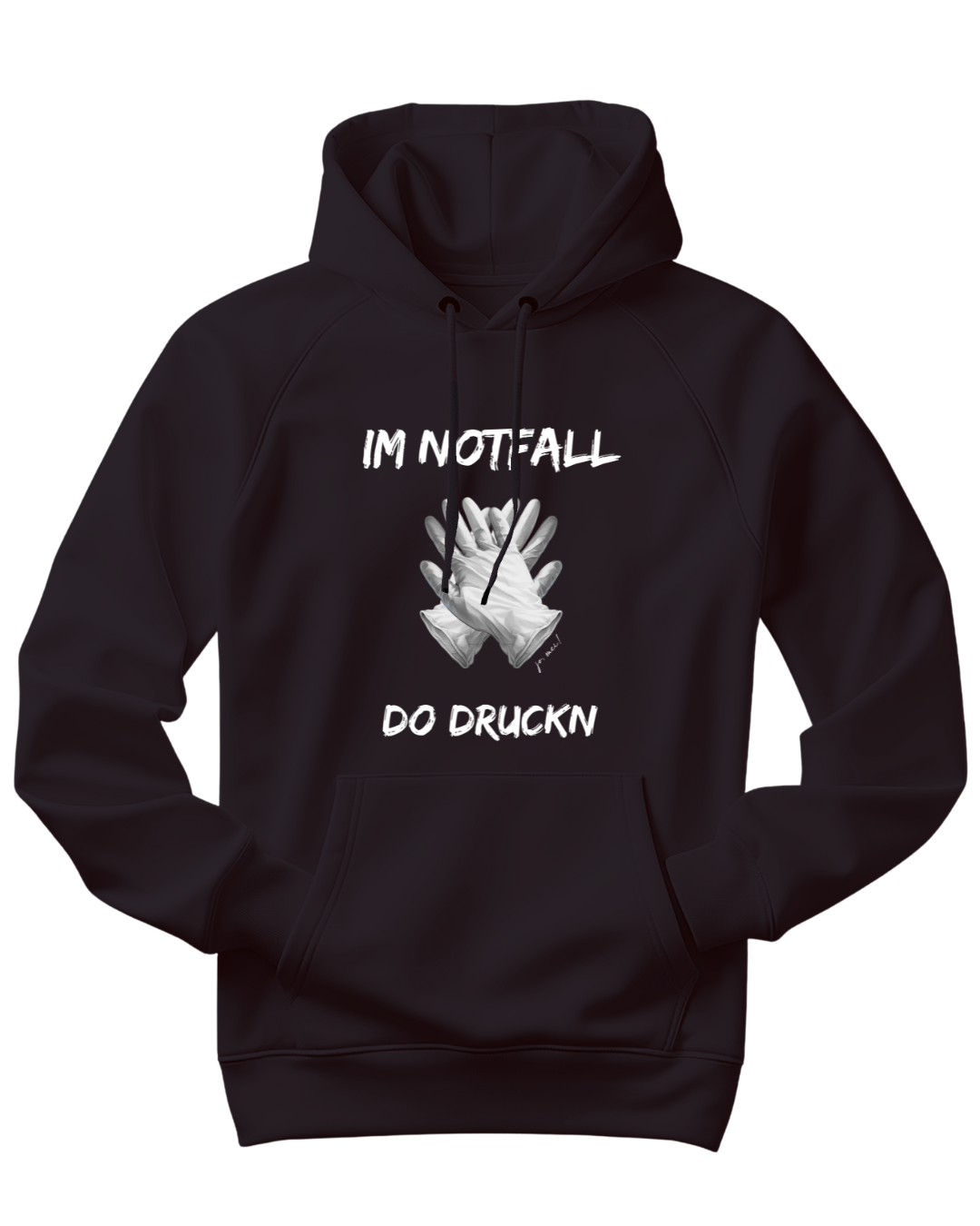 schwarzer Kapuzenpulli mit reanimierenden Handschuhen als Aufdruck und weißem Text: "Im Notfall do druckn"