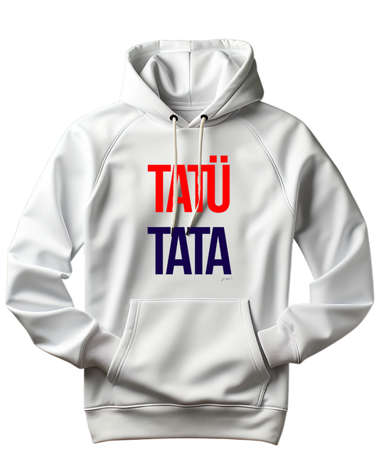 weißer Unisex Kapuzenpulli mit rot-blauer eckiger Schrift: TATÜTATA