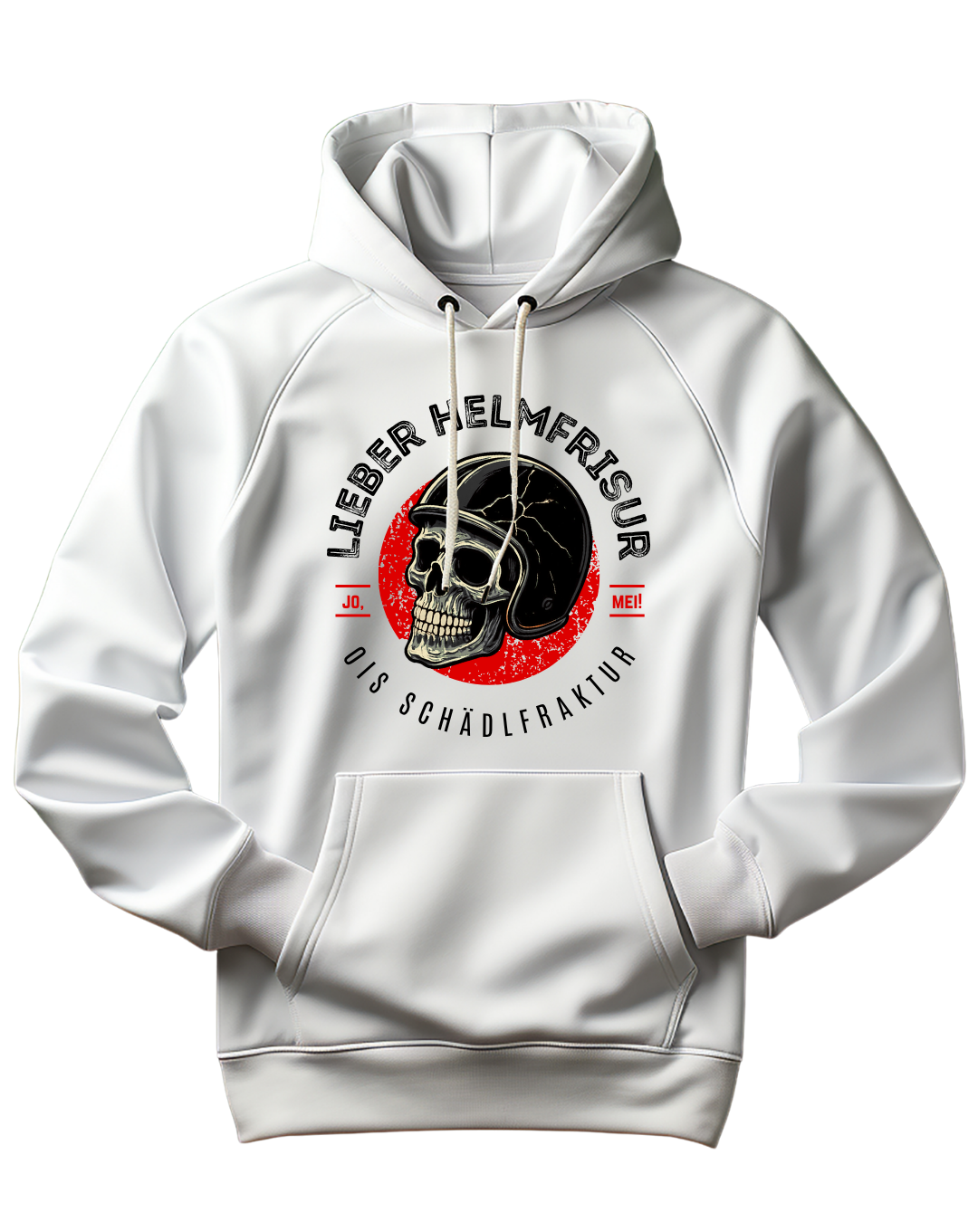 weißer bio hoodie mit motiv: lieber helmfrisur als schädlfraktur drauf, schädel mit gebrochenem Helm