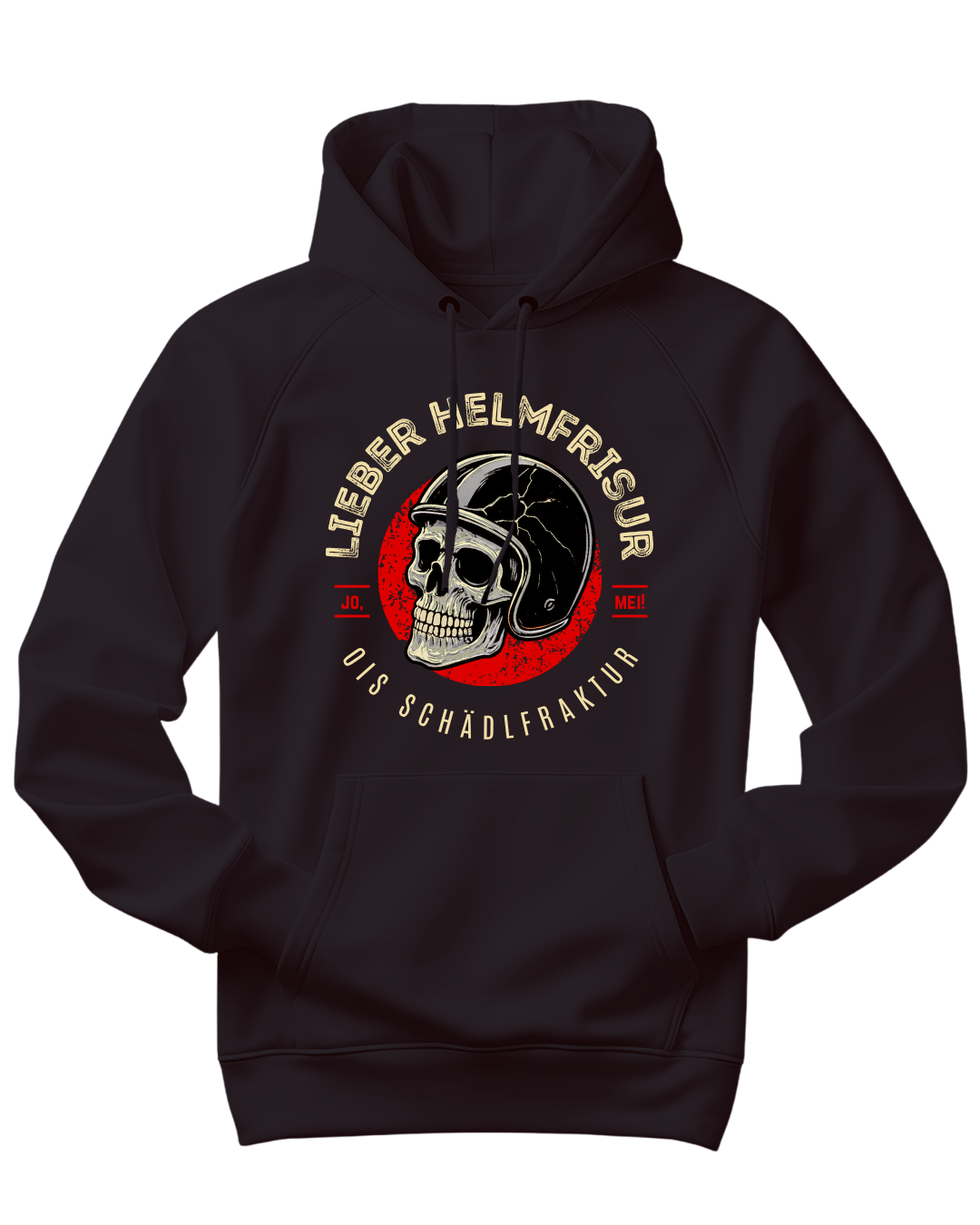 schwarzer bio hoodie mit motiv: lieber helmfrisur als schädlfraktur drauf, schädel mit gebrochenem Helm