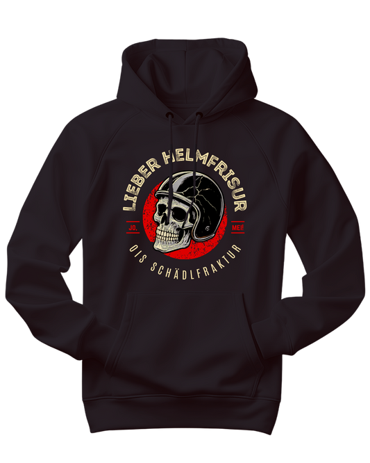 schwarzer bio hoodie mit motiv: lieber helmfrisur als schädlfraktur drauf, schädel mit gebrochenem Helm