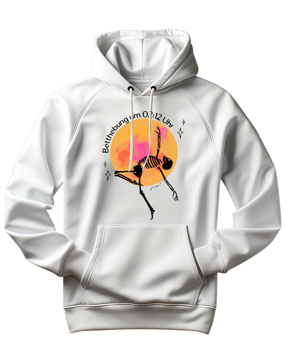 weißer Kapuzenpulli unisex mit tanzendem Skelett vor rosa-gelbem Hintergrund,ironischer Schriftzug: Betthebung um 02:12 Uhr