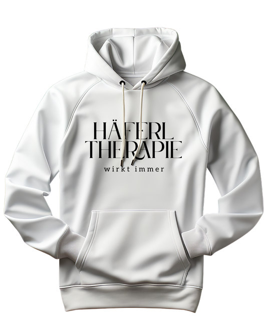 weißer Unisex Hoodie mit schwarzer Schrift: Häferltherapie wirkt immer