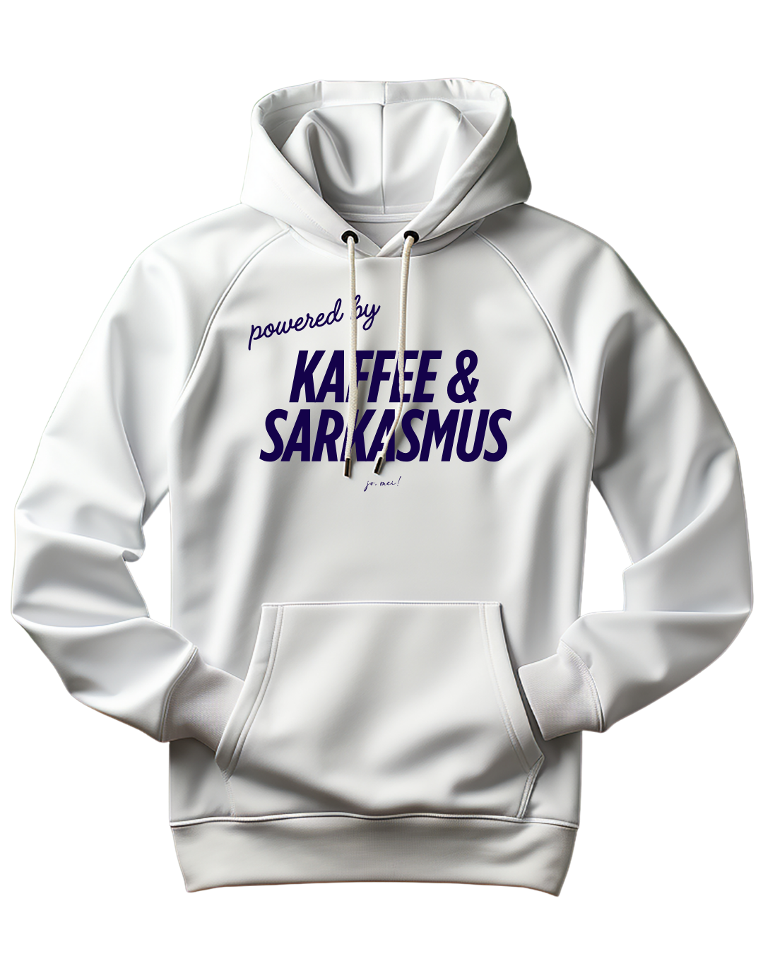 weißer Unisex Hoodie mit marineblauer Schrift: powered by Kaffee & Sarkasmus