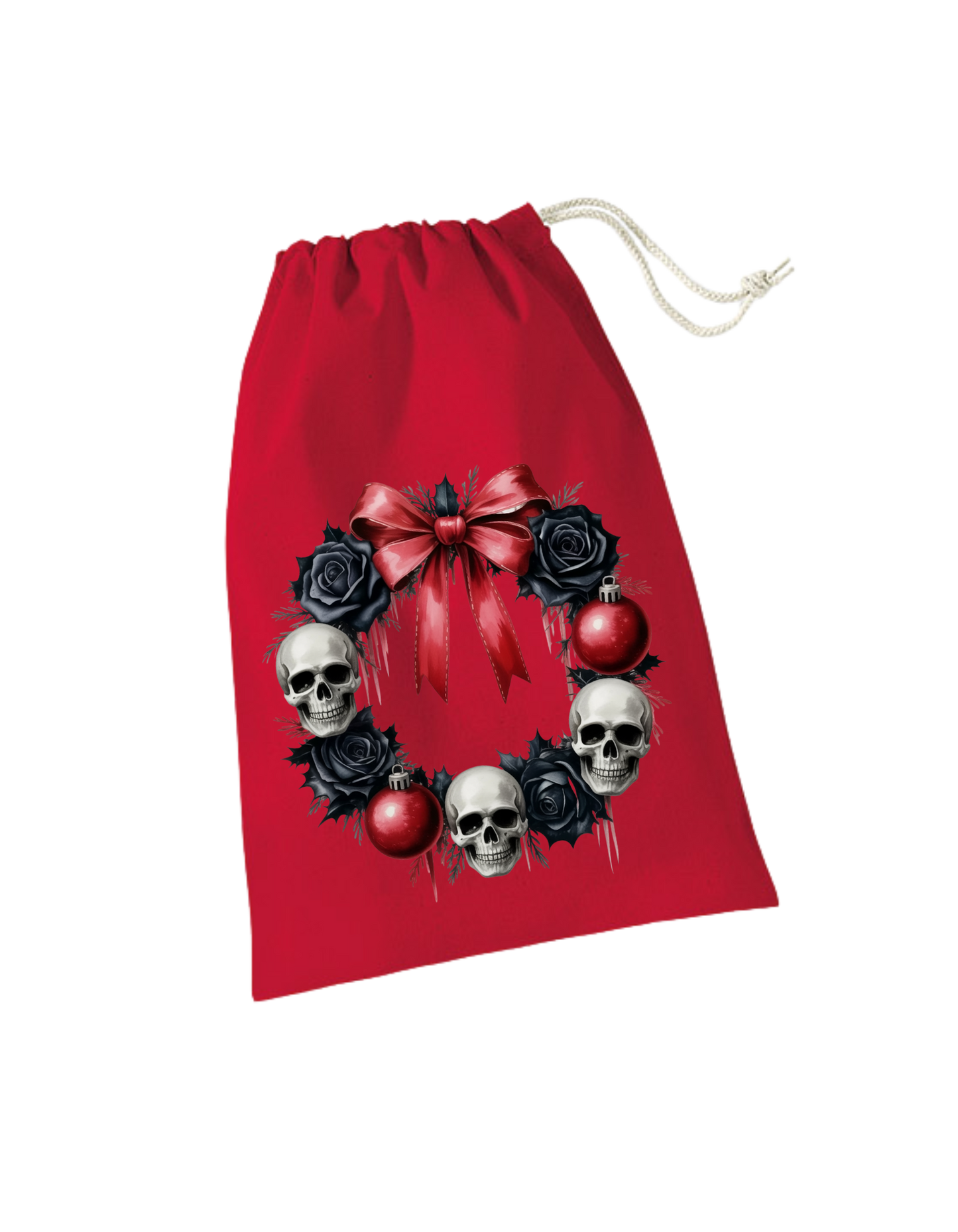rotes Geschenksackerl aus Baumwolle mit Zugkordel mit Totenkopfkranz, schwarzen Rosen und roter Schleife und roten Kugeln