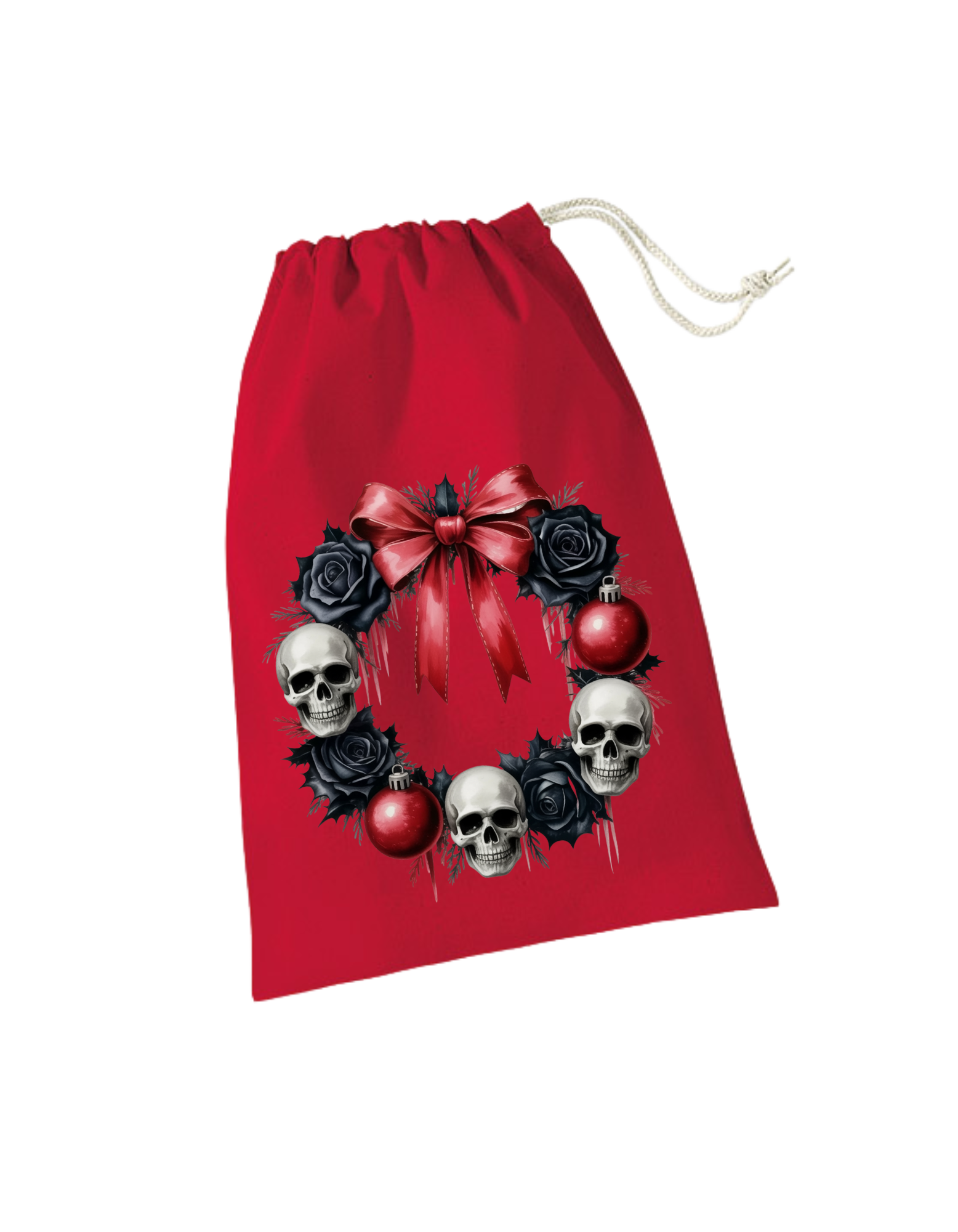 rotes Geschenksackerl aus Baumwolle mit Zugkordel mit Totenkopfkranz, schwarzen Rosen und roter Schleife und roten Kugeln