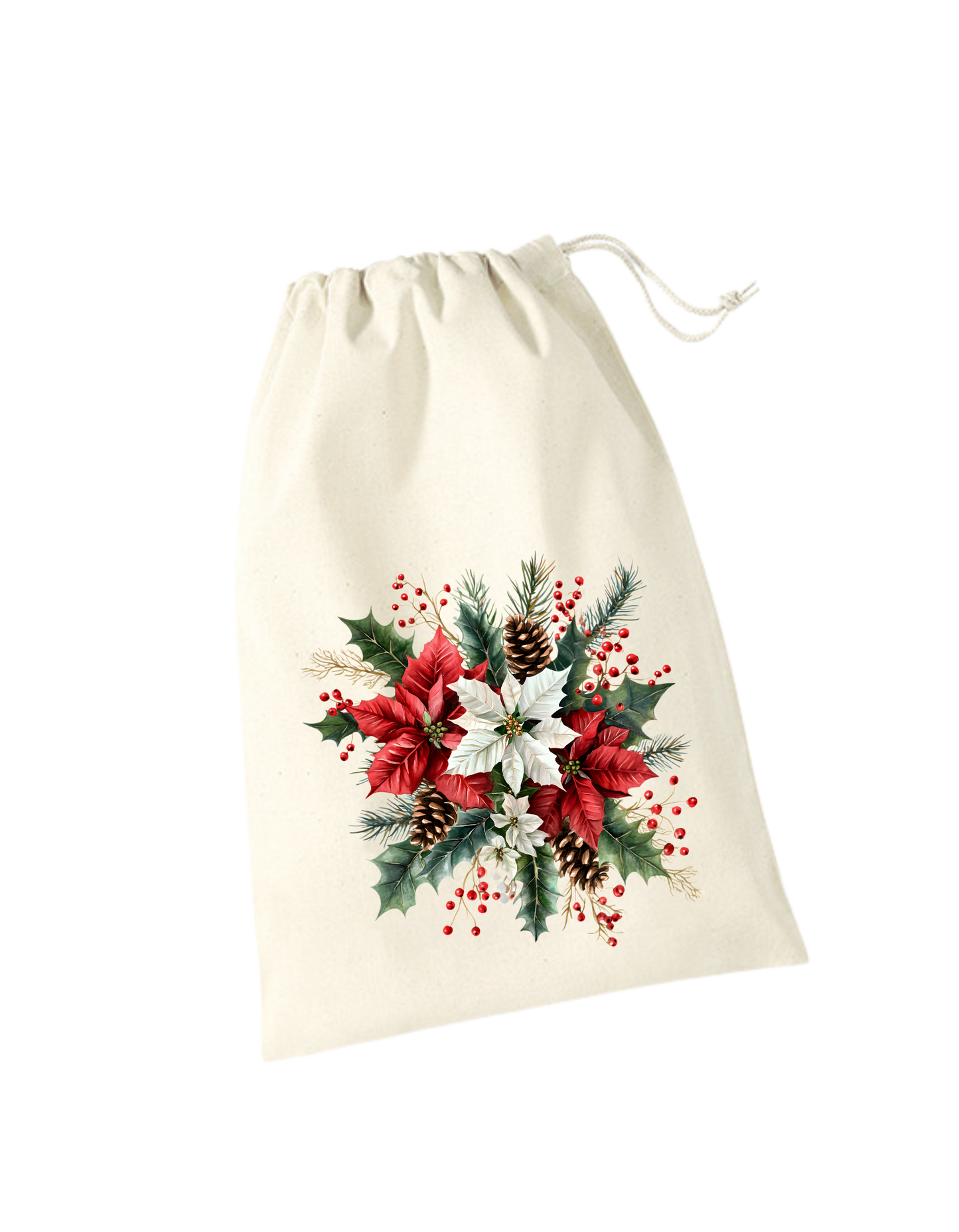 beiges Geschenksackerl aus Baumwolle mit Zugkordel mit weihnachtlichem Gesteck, weißer Weihnachtsstern auf roten Weihnachtssternen und Tannengrün