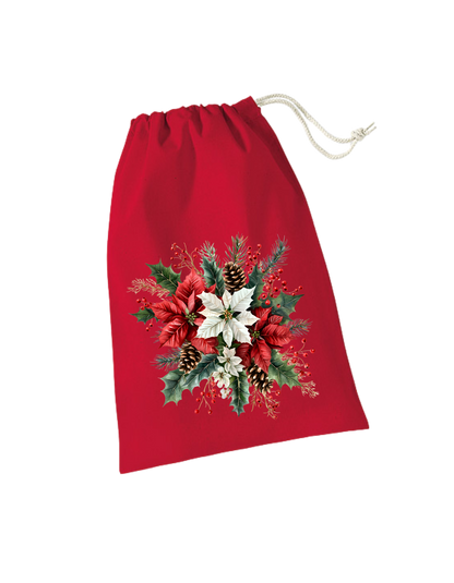 rotes Geschenksackerl aus Baumwolle mit Zugkordel mit weihnachtlichem Gesteck, weißer Weihnachtsstern auf roten Weihnachtssternen und Tannengrün