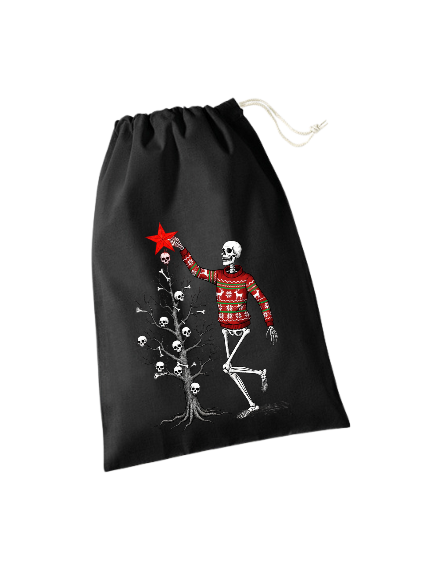 schwrzes Geschenksackerl aus Baumwolle mit Zugkordel mit weihnachtlichem Design: Skelett in rotem Weihnachtspulli schmückt kahlen Weihnachtsbaum mit Totenköpfen und Knochen, steckt gerade roten Stern oben drauf
