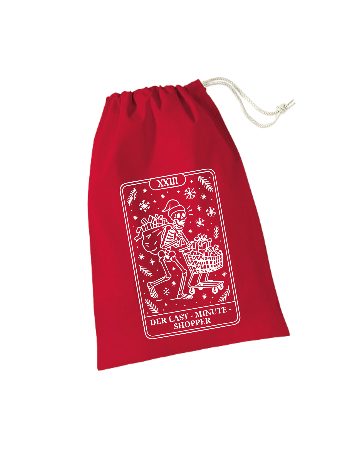 rotes Adventkalendersackerl, weißes Skelett-Designs: Der Las-Minute_shopper