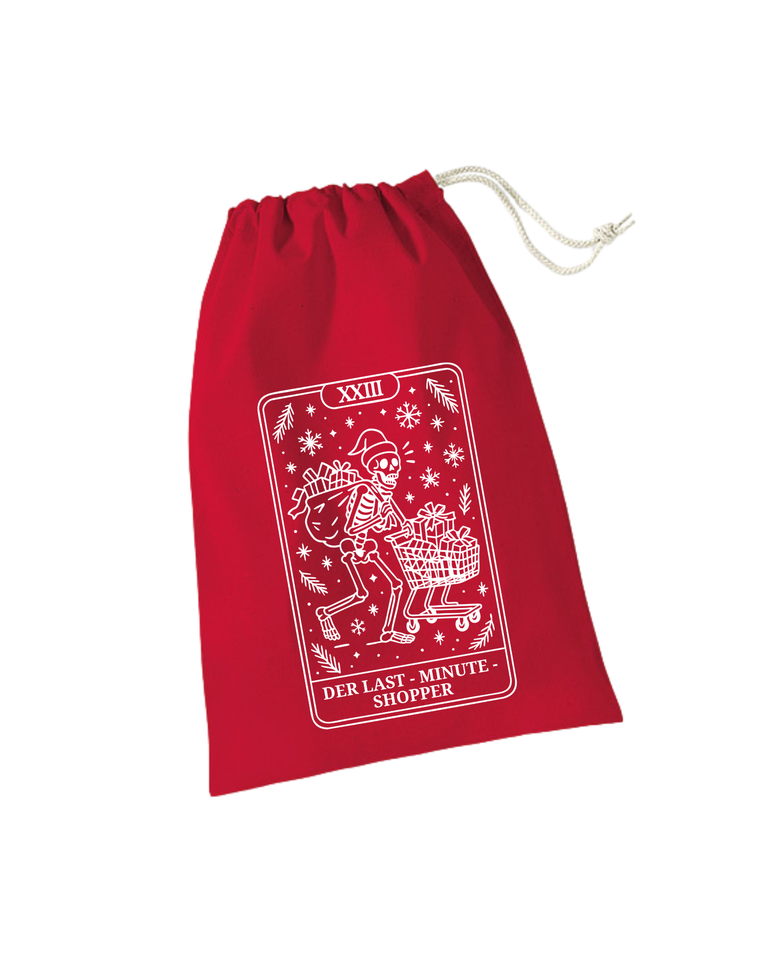 rotes Adventkalendersackerl, weißes Skelett-Designs: Der Las-Minute_shopper