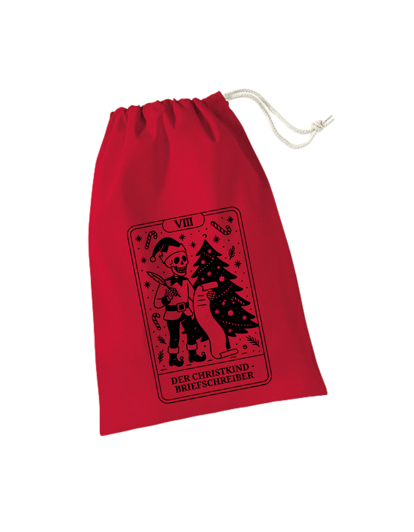 rotes Adventkalendersackerl, schwarzes Skelett-Designs: Der Christkindbriefschreiber