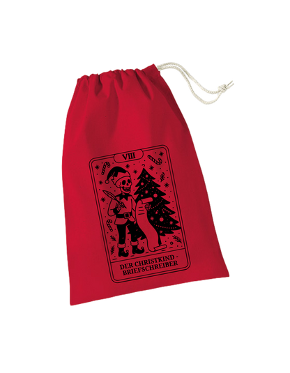 rotes Adventkalendersackerl, schwarzes Skelett-Designs: Der Christkindbriefschreiber