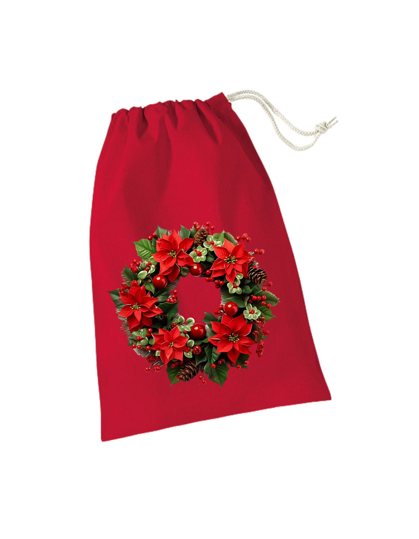 rotes Geschenksackerl aus Baumwolle mit Zugkordel mit weihnachtlichem Design: Kranz mit roten Weihnachtssternen