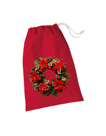 rotes Geschenksackerl aus Baumwolle mit Zugkordel mit weihnachtlichem Design: Kranz mit roten Weihnachtssternen