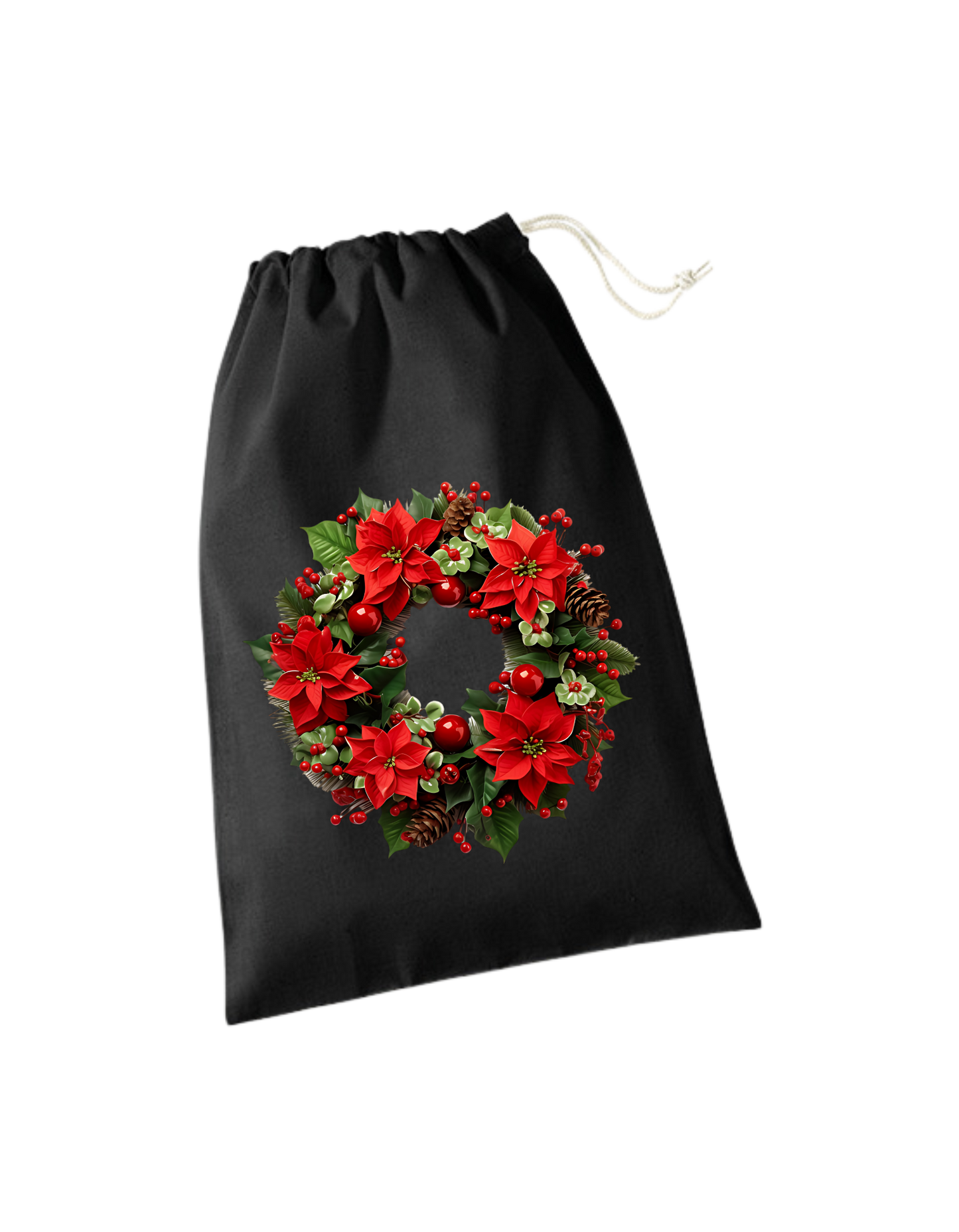 schwarzes Geschenksackerl aus Baumwolle mit Zugkordel mit weihnachtlichem Design: Kranz mit roten Weihnachtssternen