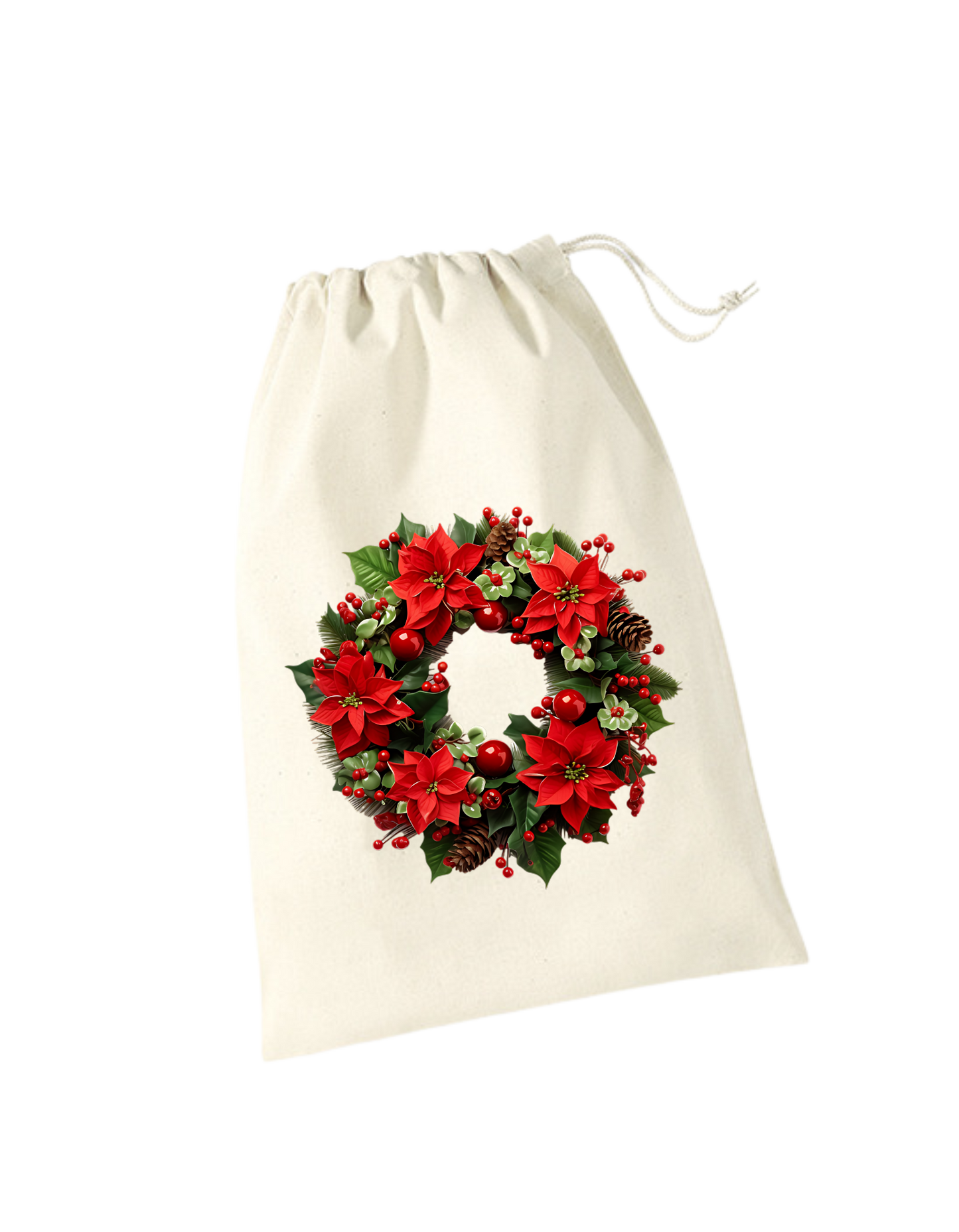 beiges Geschenksackerl aus Baumwolle mit Zugkordel mit weihnachtlichem Design: Kranz mit roten Weihnachtssternen