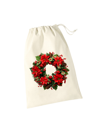 beiges Geschenksackerl aus Baumwolle mit Zugkordel mit weihnachtlichem Design: Kranz mit roten Weihnachtssternen