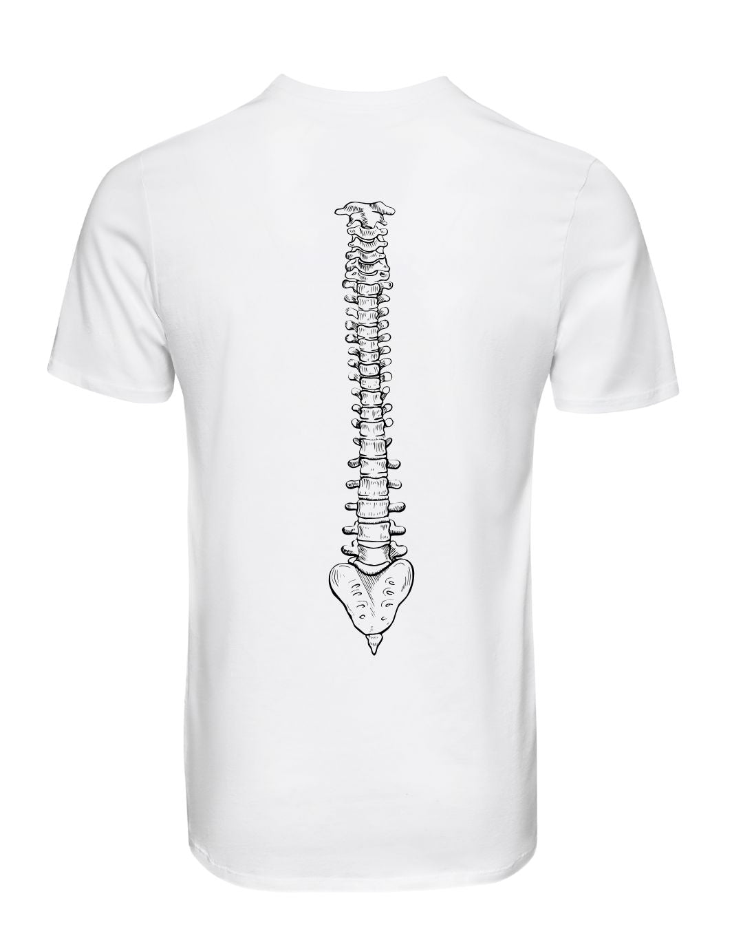 Weißes T-Shirt mit anatomischer Wirbelsäule am Rücken