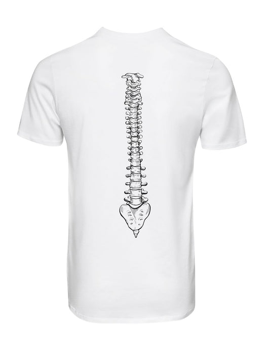 Weißes T-Shirt mit anatomischer Wirbelsäule am Rücken