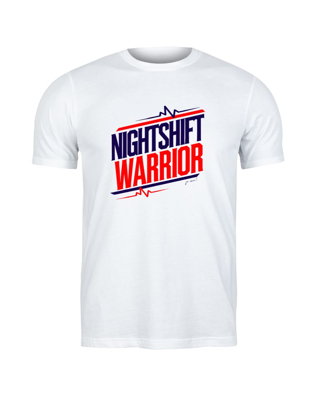 weißes Leiberl mit blau-rotem Textaufdruck "Nightshift warrior" EKG Linien ober- und unterhalb