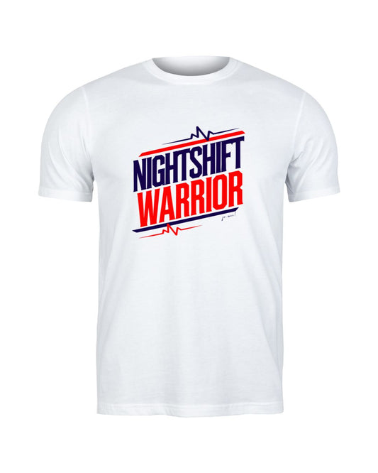 weißes Leiberl mit blau-rotem Textaufdruck "Nightshift warrior" EKG Linien ober- und unterhalb
