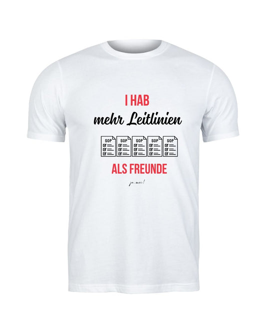 weißes Leiberl mit rotem und schwarzem Textaufdruck "Ich hab mehr Leitlinien als Freunde" und fünf SOP-Dokumenten als Grafik - Medizinstudenten Humor
