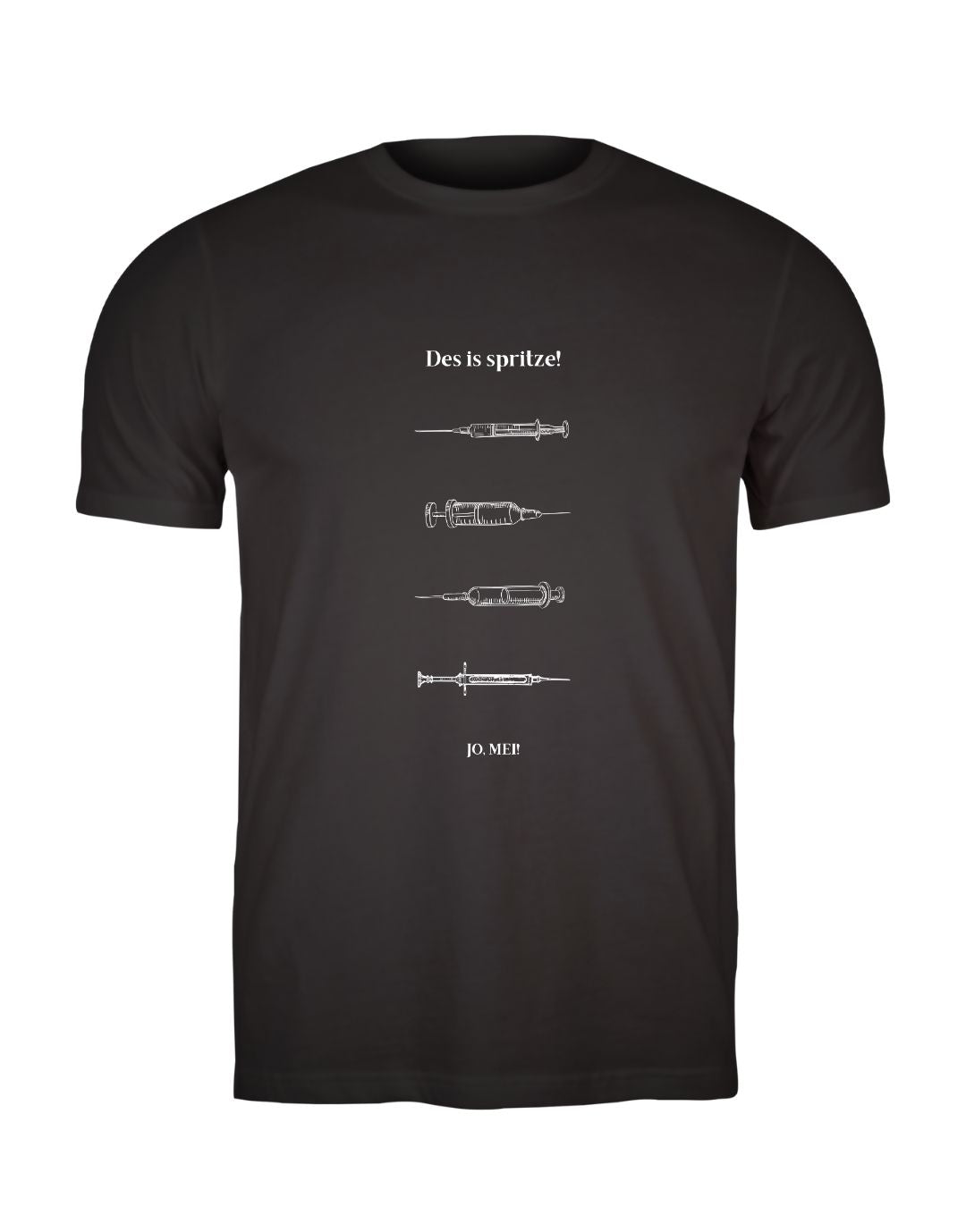 Schwarzes T-Shirt mit "Des is spritze!" und vier verschiedenen Spritzen-Illustrationen - Wiener Dialekt Mediziner Humor