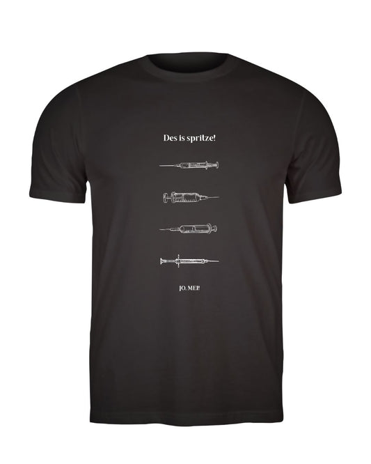 Schwarzes T-Shirt mit "Des is spritze!" und vier verschiedenen Spritzen-Illustrationen - Wiener Dialekt Mediziner Humor