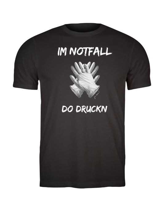 schwarzes Leiberl mit reanimierenden Handschuhen als Aufdruck und weißem Text: "Im Notfall do druckn"