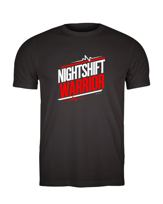 schwarzes Leiberl mit weiß-rotem Textaufdruck "Nightshift warrior" EKG Linien ober- und unterhalb