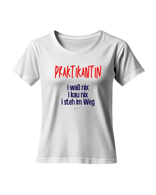 weißes Tshirt mit rotem "Praktikantin" und dunkelblauem Textaufdruck in österreichischem Dialekt: "I waß nix, i kau nix, i steh im Weg" - Praktikantin Humor Einkaufstasche