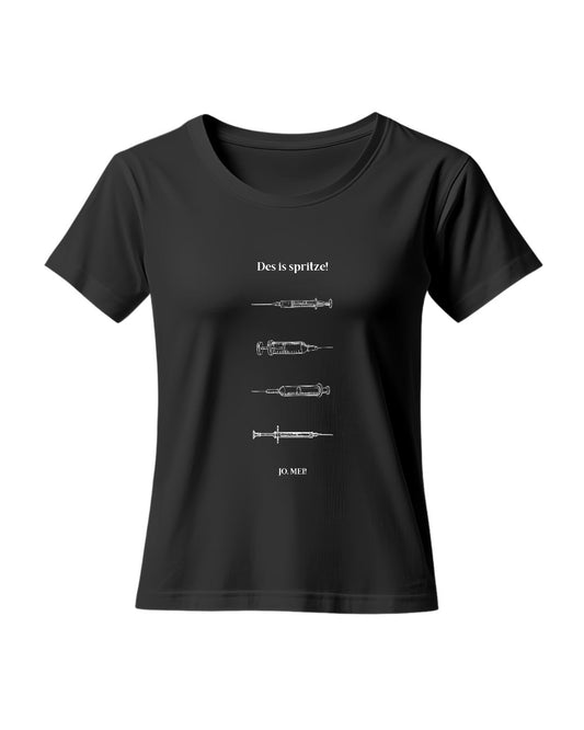 Schwarzes T-Shirt mit "Des is spritze!" und vier verschiedenen Spritzen-Illustrationen - Wiener Dialekt Mediziner Humor