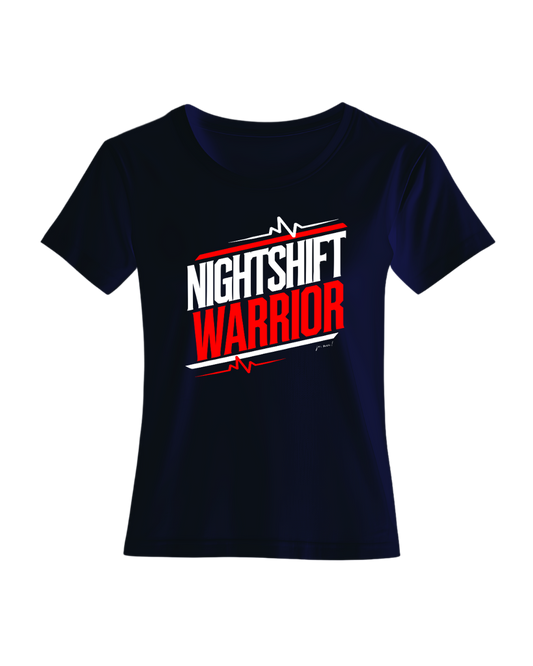 marineblaues feminines Leiberl mit weiß-rotem Textaufdruck "Nightshift warrior" EKG Linien ober- und unterhalb