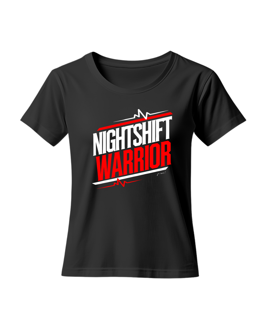 schwrazes feminines Leiberl mit weiß-rotem Textaufdruck "Nightshift warrior" EKG Linien ober- und unterhalb