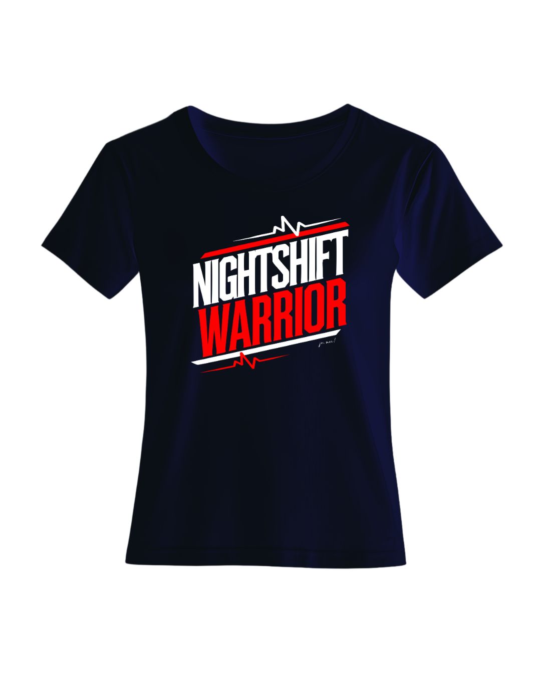 Marineblaues Leiberl mit weiß-rotem Textaufdruck "Nightshift warrior" EKG Linien ober- und unterhalb
