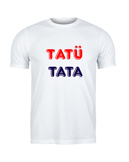 weißes maskulines Leiberl mit rot-blauer runder Schrift: TATÜTATA