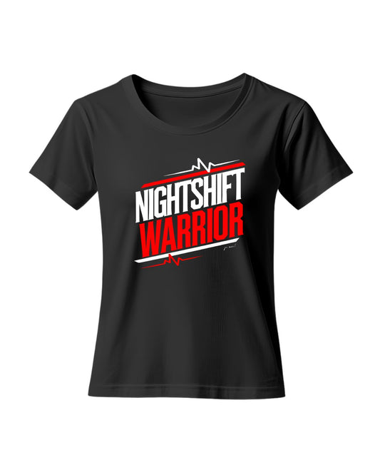 schwarzes Leiberl mit weiß-rotem Textaufdruck "Nightshift warrior" EKG Linien ober- und unterhalb