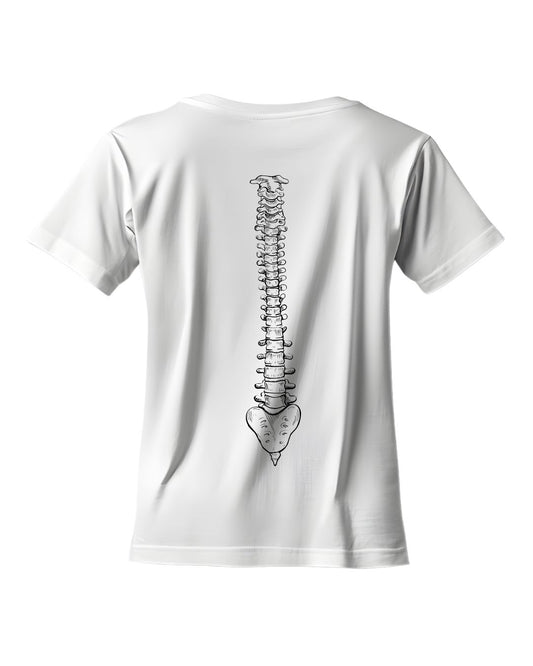 Weißes T-Shirt mit anatomischer Wirbelsäule am Rücken