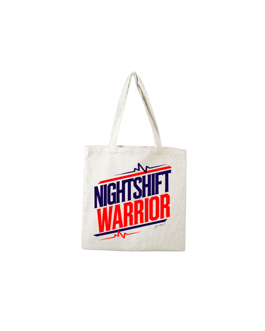 naturfarbene Biobaumwolltasche mit blau-rotem Textaufdruck "Nightshift warrior" EKG Linien ober- und unterhalb