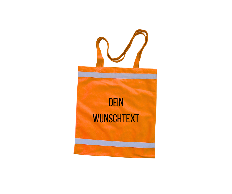 Stylische orange Einkaufstasche mit reflektierenden Streifen und schwarzem Wunschtext