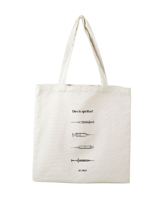 Baumwolltasche natur mit "Des is spritze!" und vier verschiedenen Spritzen-Illustrationen - Wiener Dialekt Mediziner Humor